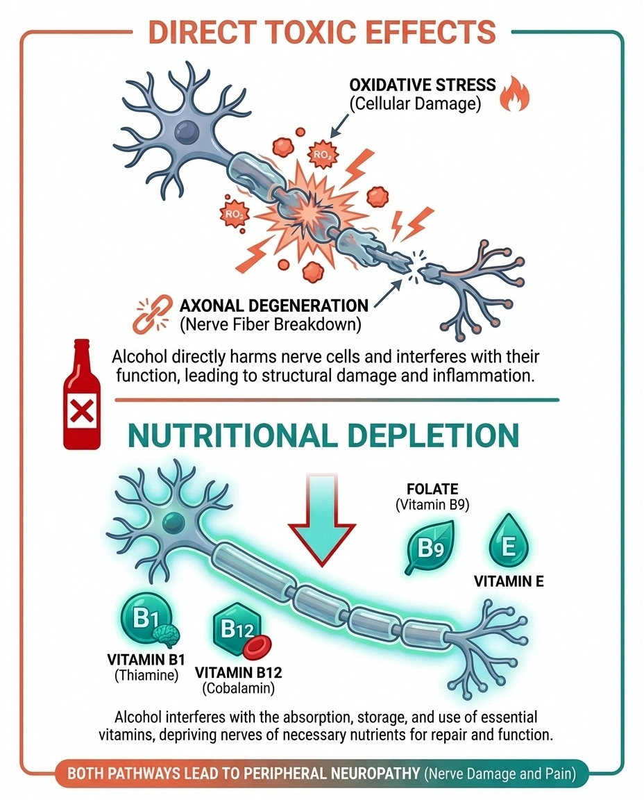 Infographic showing two mechanisms of alcohol nerve damage including direct toxicity and nutritional depletion of B vitamins