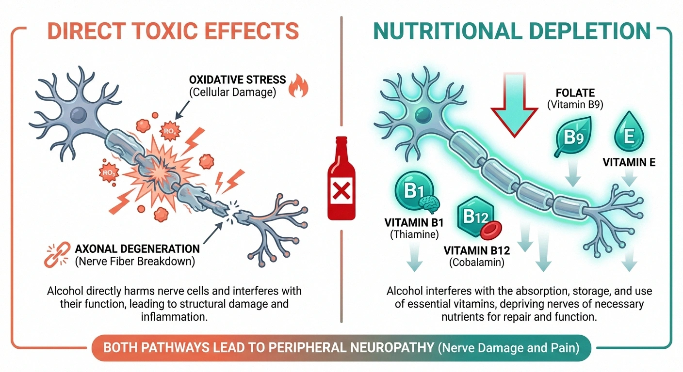 Infographic showing two mechanisms of alcohol nerve damage including direct toxicity and nutritional depletion of B vitamins