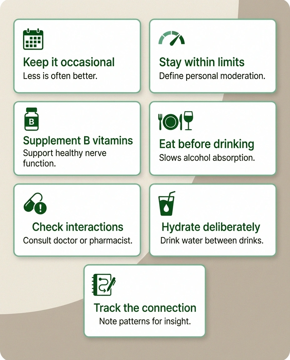 Seven practical strategies for minimizing alcohol's impact on neuropathy including nutrition hydration and tracking