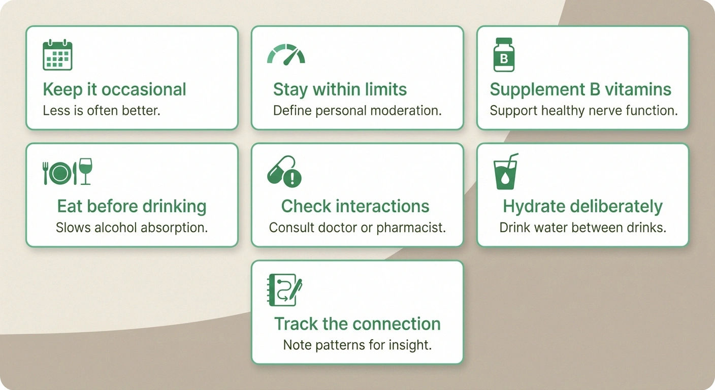 Seven practical strategies for minimizing alcohol's impact on neuropathy including nutrition hydration and tracking