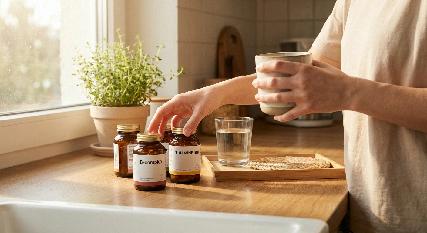 B vitamins and thiamine supplements on kitchen counter representing nutritional recovery from alcoholic neuropathy