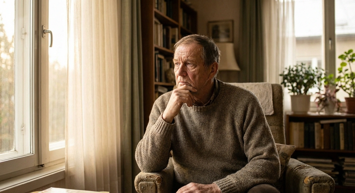 Older man looking pensively out window representing the quiet anxiety that accompanies neuropathy