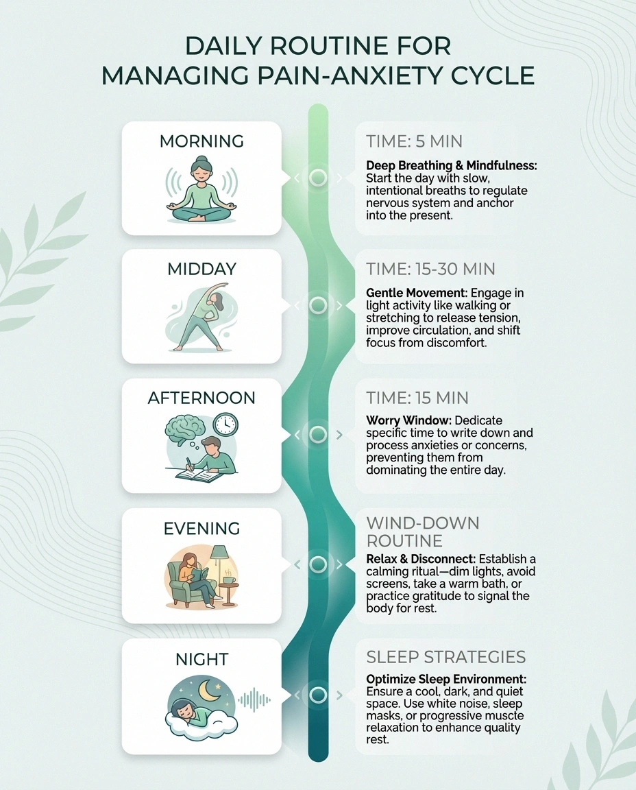 Daily routine infographic for managing neuropathy pain and anxiety throughout the day from morning to night