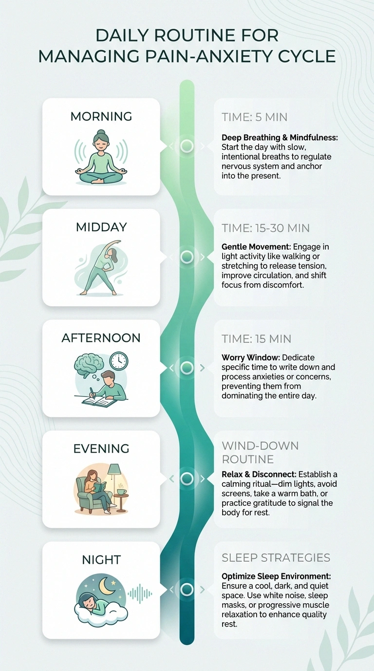Daily routine infographic for managing neuropathy pain and anxiety throughout the day from morning to night