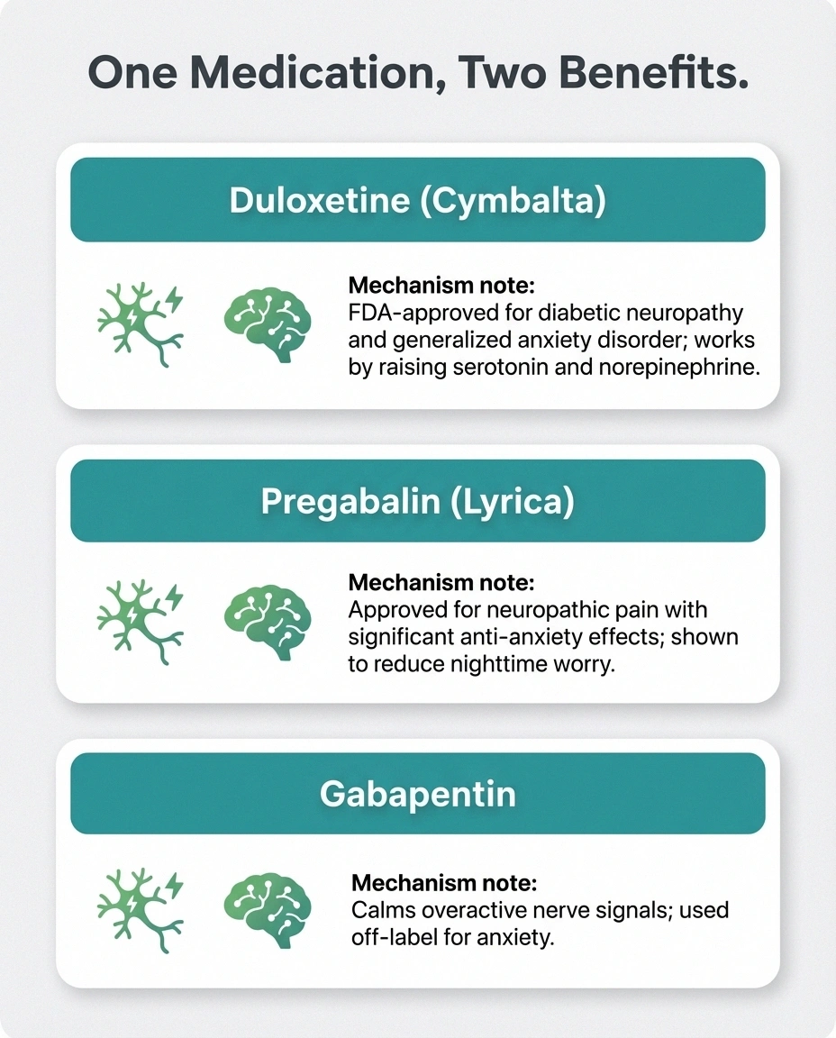 Infographic comparing duloxetine pregabalin and gabapentin as medications that treat both neuropathy pain and anxiety