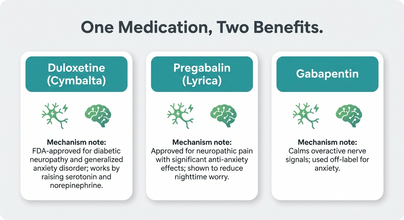 Infographic comparing duloxetine pregabalin and gabapentin as medications that treat both neuropathy pain and anxiety