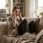 Woman sitting on couch looking worried while dealing with neuropathy pain and anxiety