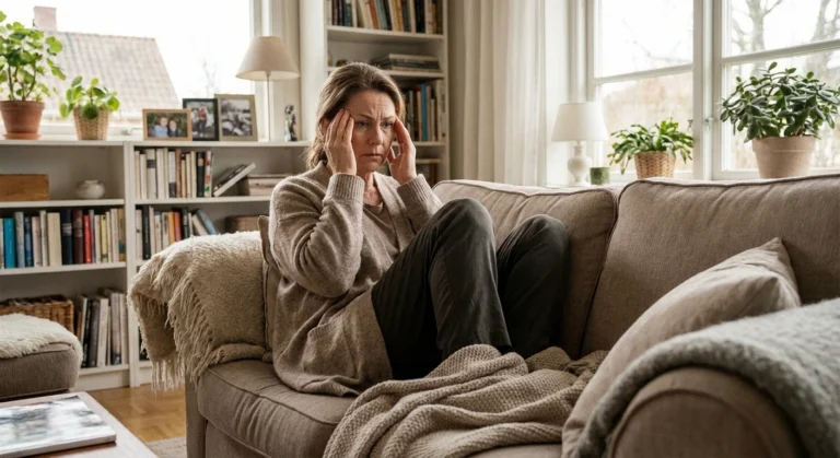 Woman sitting on couch looking worried while dealing with neuropathy pain and anxiety