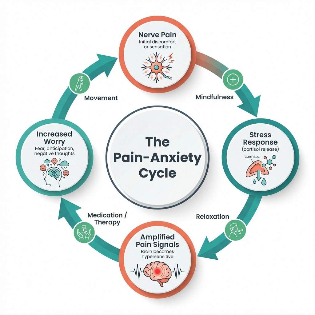 Infographic showing the circular pain-anxiety cycle in neuropathy with nerve pain, stress response, amplified signals, and increased worry