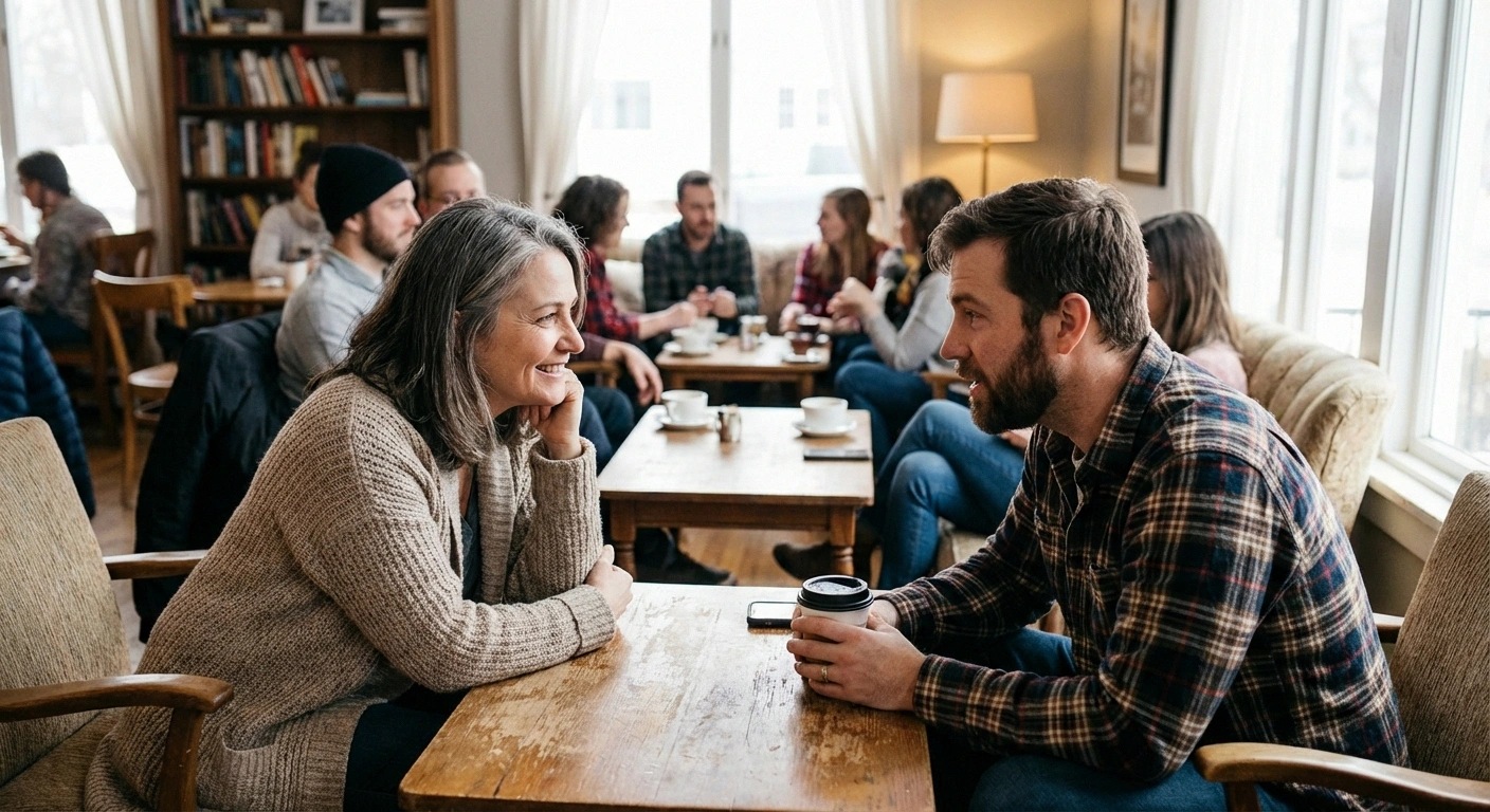 Two people in a support group setting sharing experiences about living with neuropathy and anxiety