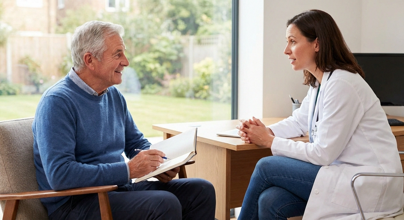 Patient with a notebook having a prepared conversation with their doctor about cognitive changes and brain fog related to neuropathy