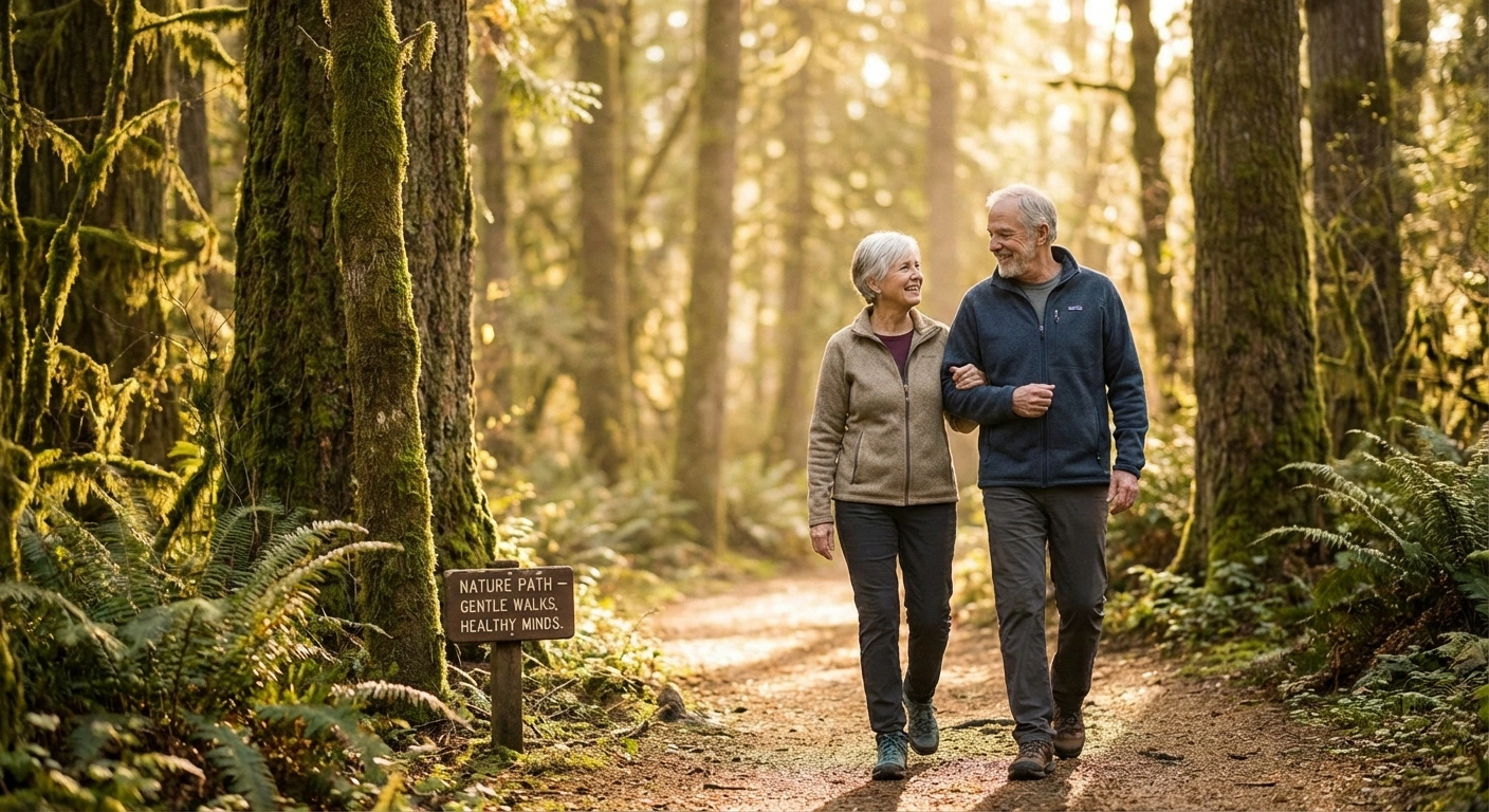 Older couple walking together on a nature trail in morning light as gentle exercise to support cognitive function with neuropathy