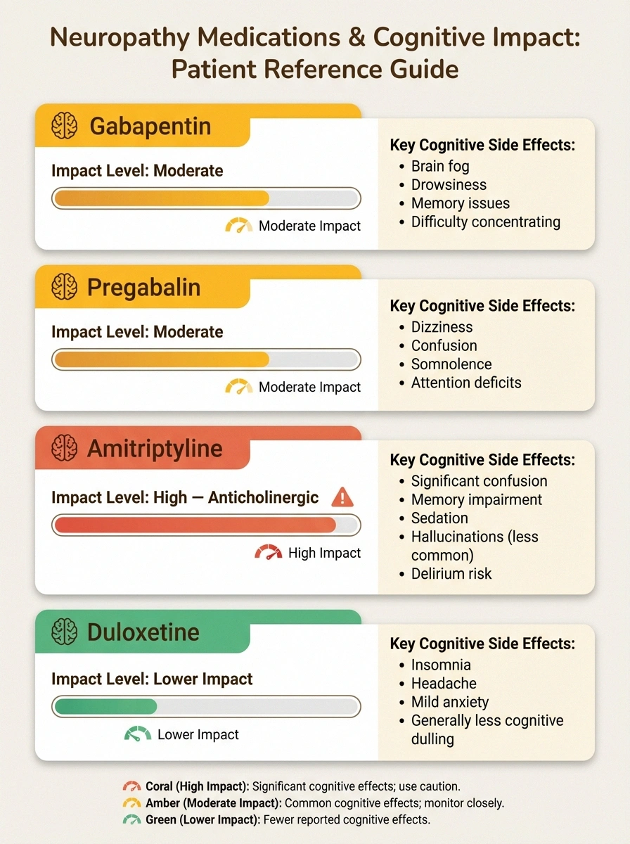 Comparison chart showing cognitive side effects of common neuropathy medications including gabapentin, pregabalin, amitriptyline, and duloxetine
