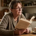 Older person sitting at kitchen table with reading glasses and open book, staring unfocused past the page, experiencing neuropathy brain fog