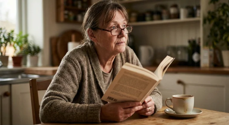 Older person sitting at kitchen table with reading glasses and open book, staring unfocused past the page, experiencing neuropathy brain fog