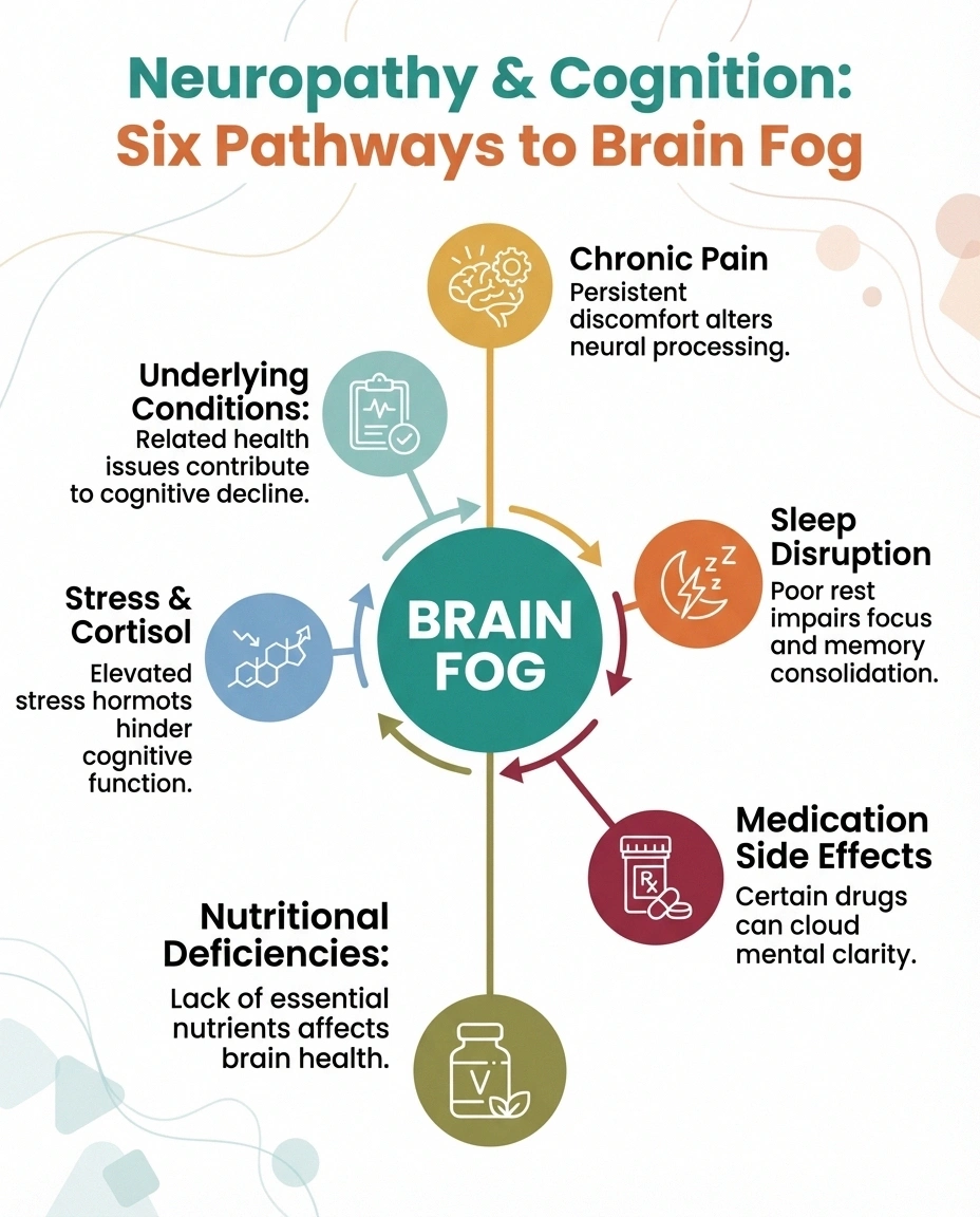 Infographic showing six pathways by which neuropathy causes brain fog including chronic pain, sleep disruption, medication effects, nutritional deficiencies, stress, and underlying conditions
