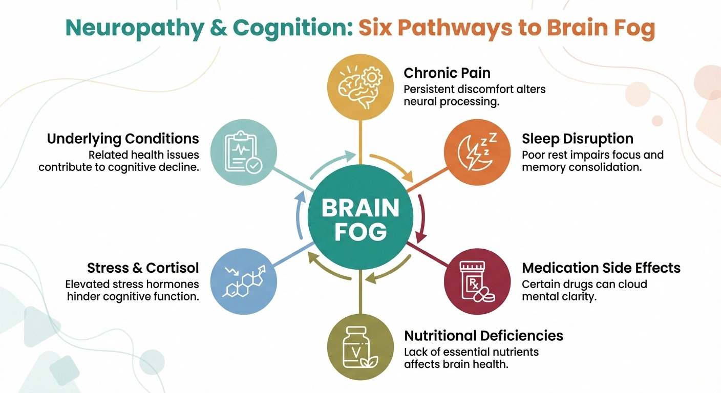 Infographic showing six pathways by which neuropathy causes brain fog including chronic pain, sleep disruption, medication effects, nutritional deficiencies, stress, and underlying conditions