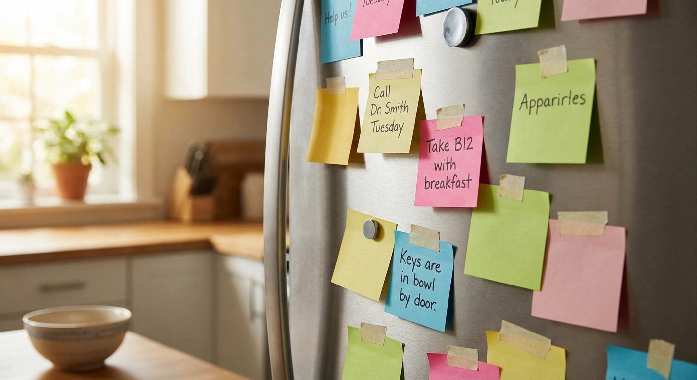 Refrigerator covered in colorful reminder sticky notes showing the memory compensation strategies people with neuropathy brain fog use daily