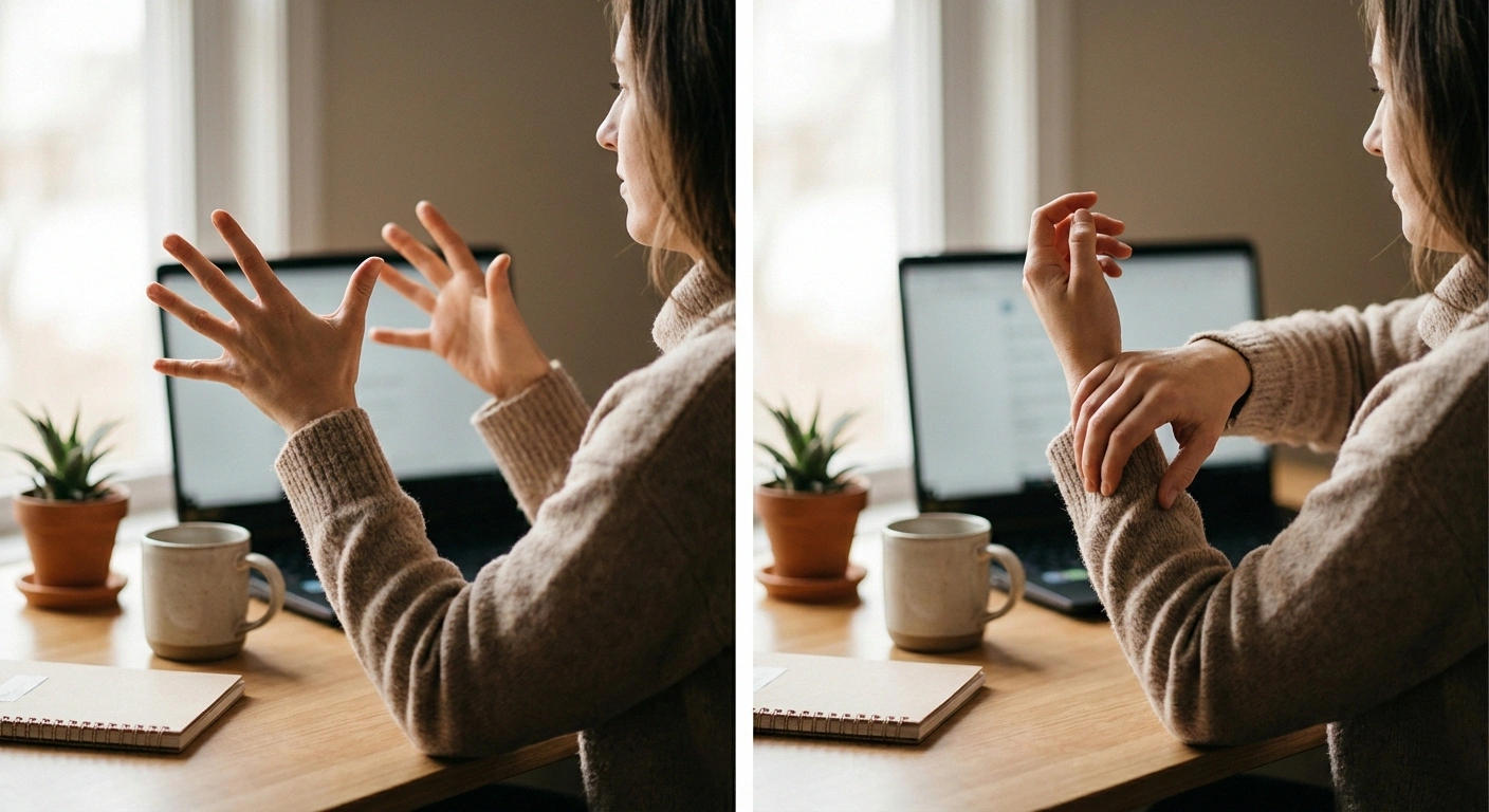 Person doing hand and wrist stretches at desk taking break from computer to protect hands with neuropathy
