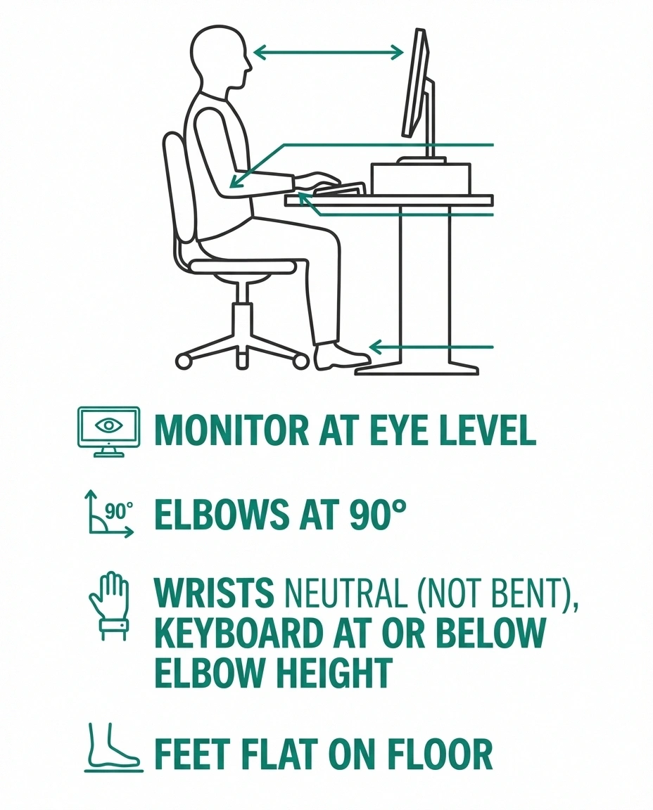 Annotated diagram showing proper ergonomic desk setup for neuropathy users with correct monitor keyboard wrist and chair positions