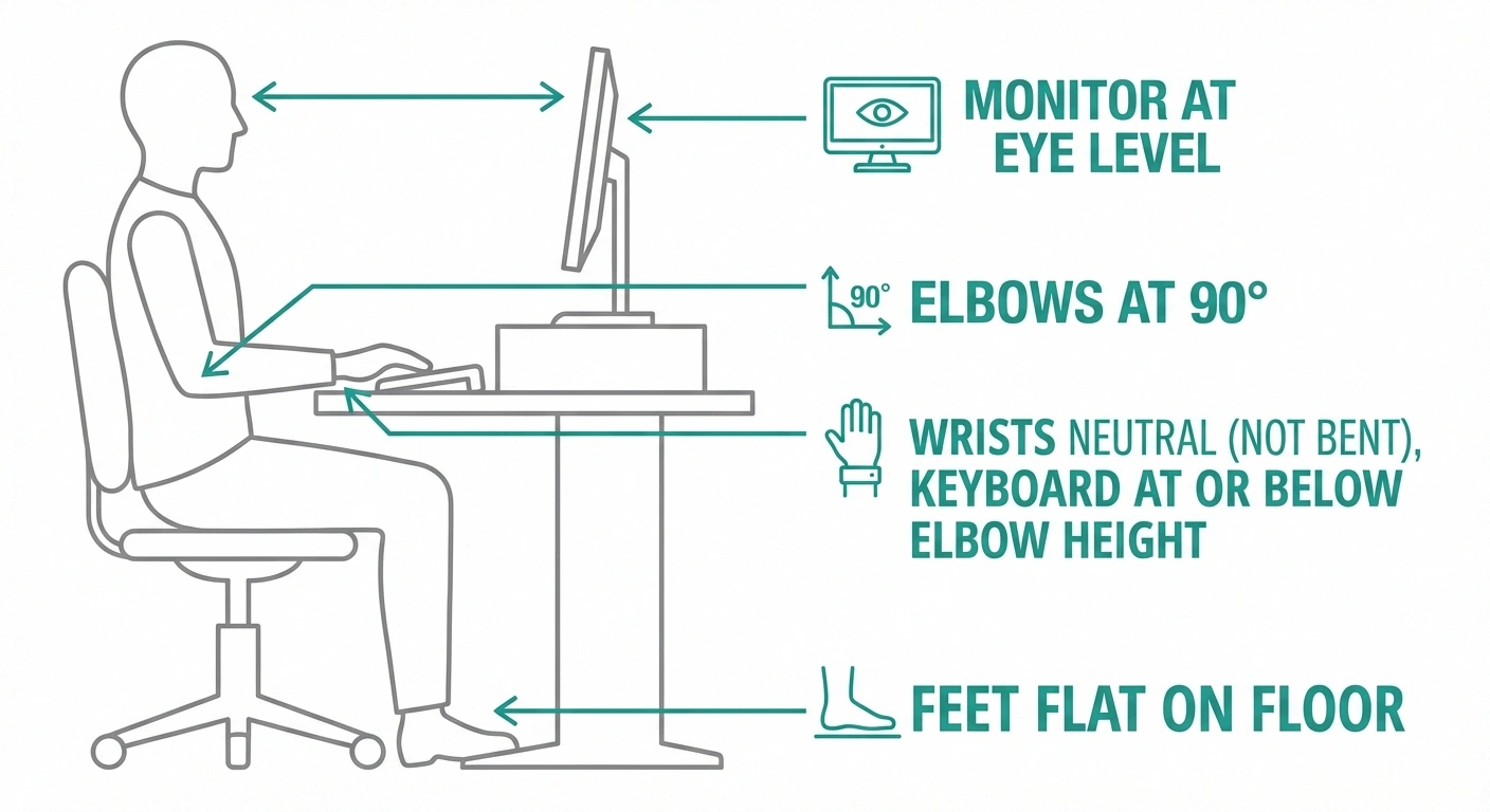 Annotated diagram showing proper ergonomic desk setup for neuropathy users with correct monitor keyboard wrist and chair positions
