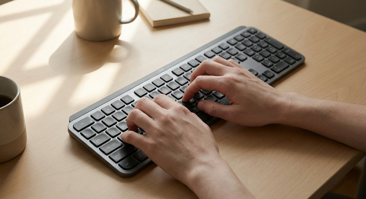 Overhead view of hands on keyboard with fingers flexing showing difficulty typing with neuropathy