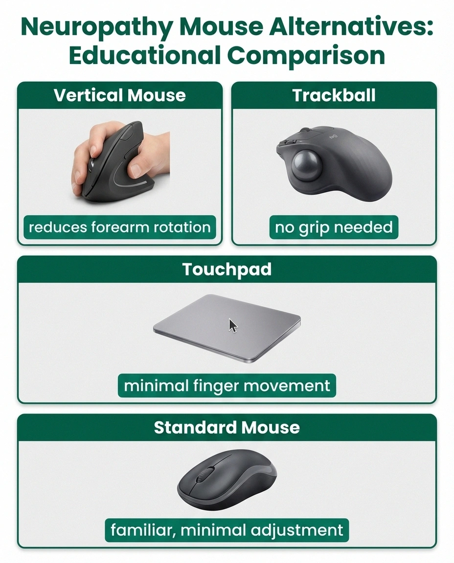 Comparison of four mouse alternatives for neuropathy including vertical mouse trackball touchpad and standard mouse with benefits