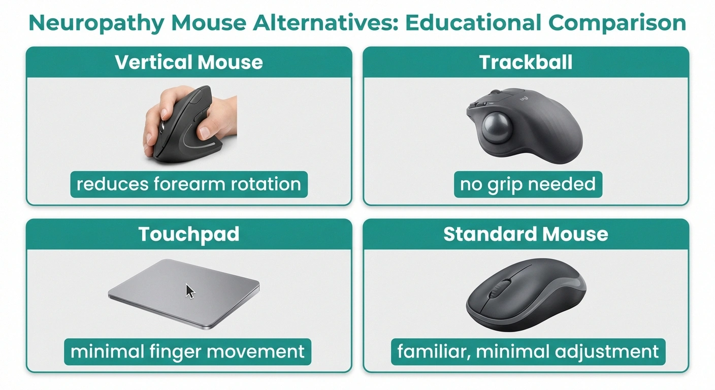 Comparison of four mouse alternatives for neuropathy including vertical mouse trackball touchpad and standard mouse with benefits