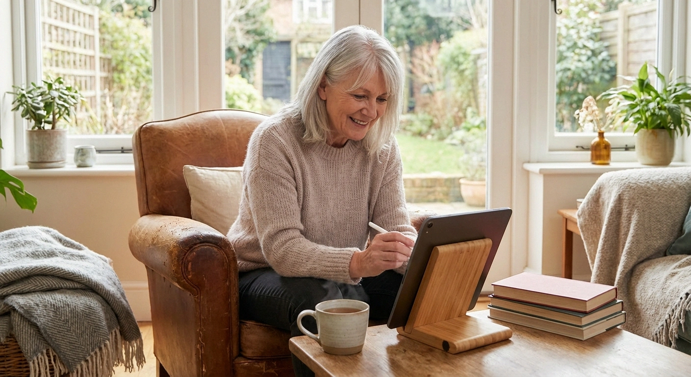 Older adult using tablet with stylus on stand as neuropathy-friendly computer alternative at home