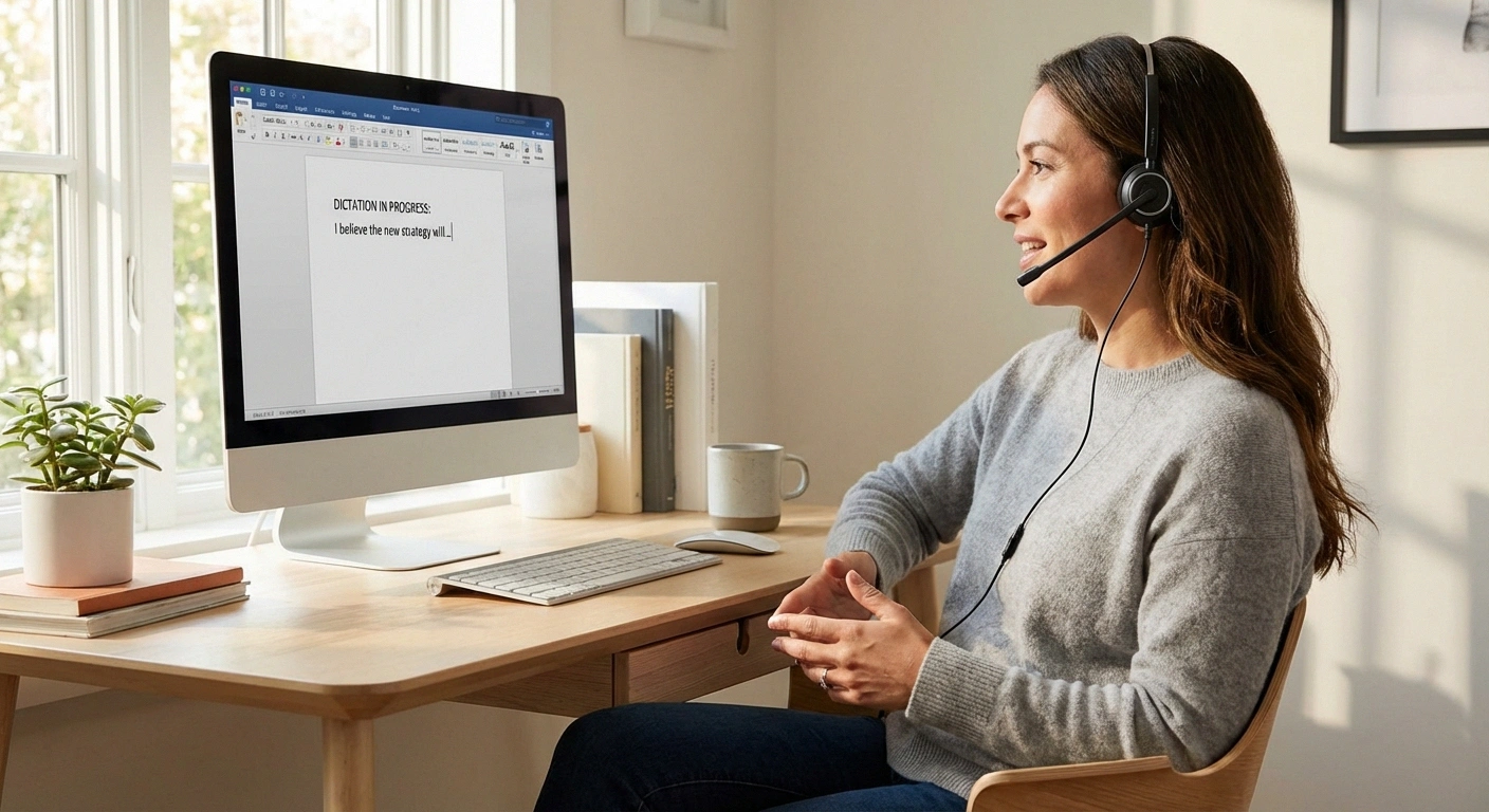 Person using voice control software to dictate text on computer hands-free for neuropathy accessibility