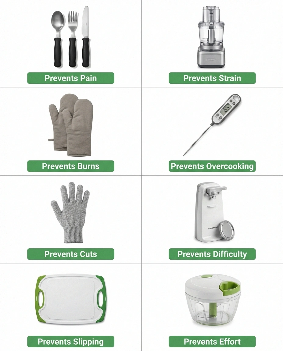 Adaptive kitchen tools for neuropathy including wide-grip utensils food processor oven mitts and digital thermometer