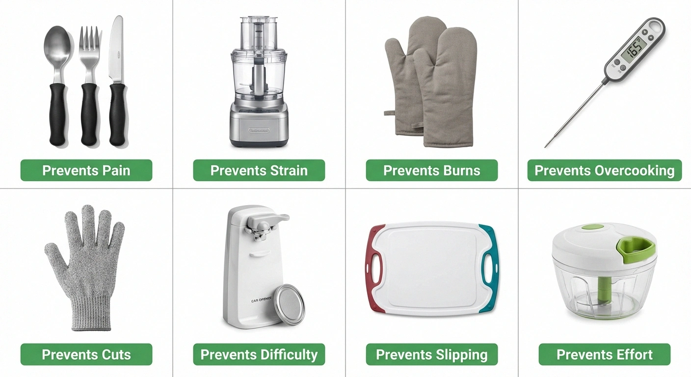 Adaptive kitchen tools for neuropathy including wide-grip utensils food processor oven mitts and digital thermometer