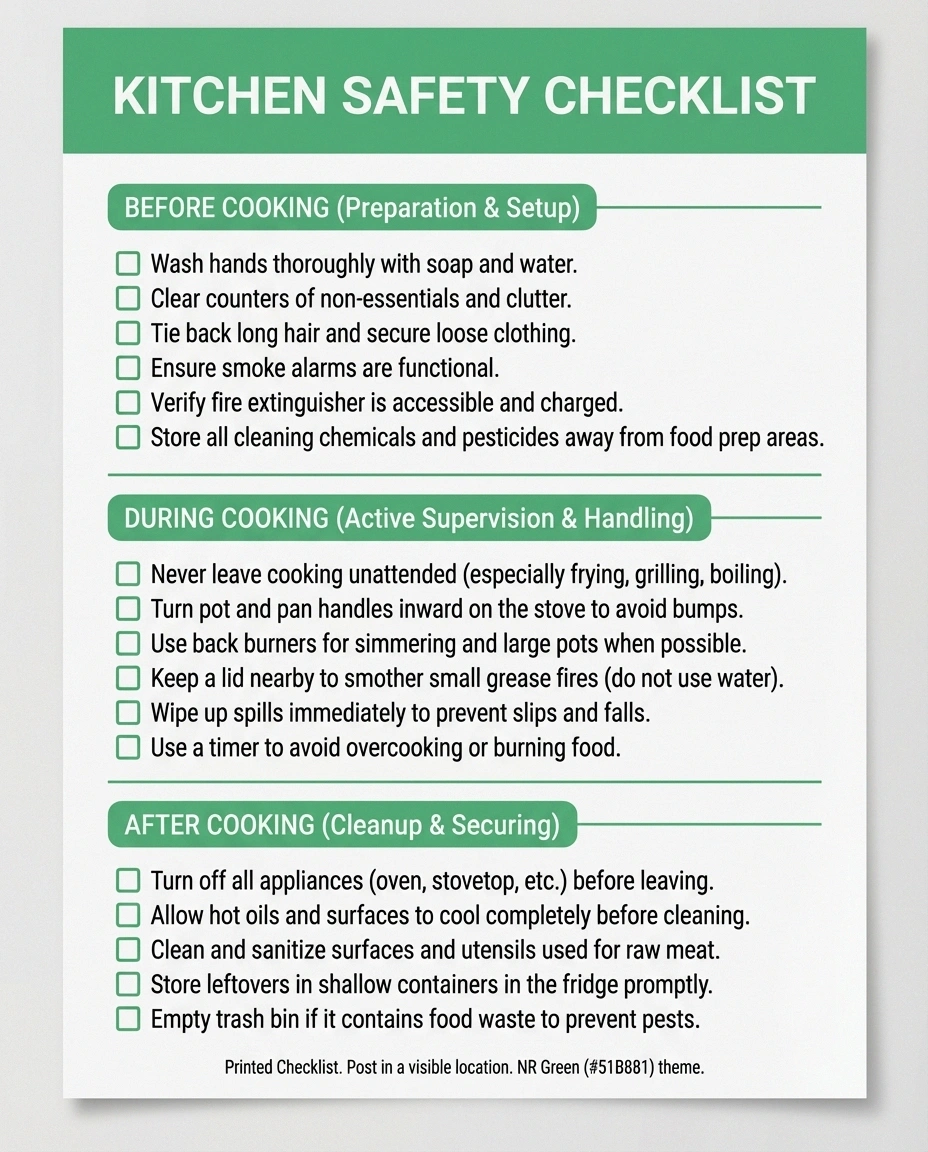 Printable kitchen safety checklist for people with neuropathy covering before during and after cooking safety steps