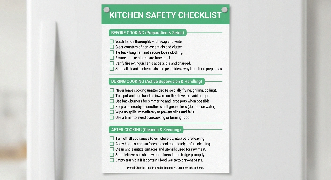 Printable kitchen safety checklist for people with neuropathy covering before during and after cooking safety steps