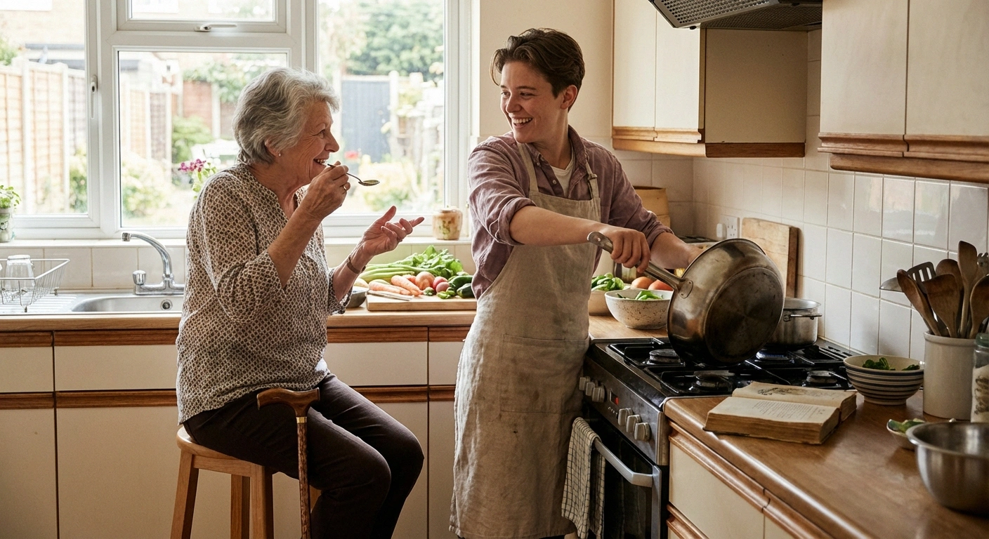 Family members cooking together with one person seated adapting to neuropathy while maintaining kitchen independence