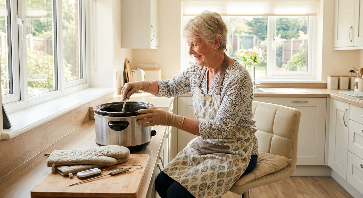 Person with neuropathy cooking safely and independently in a well-adapted kitchen using assistive tools