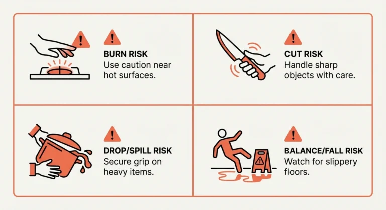Four kitchen safety risks for people with neuropathy including burns cuts drops and falls