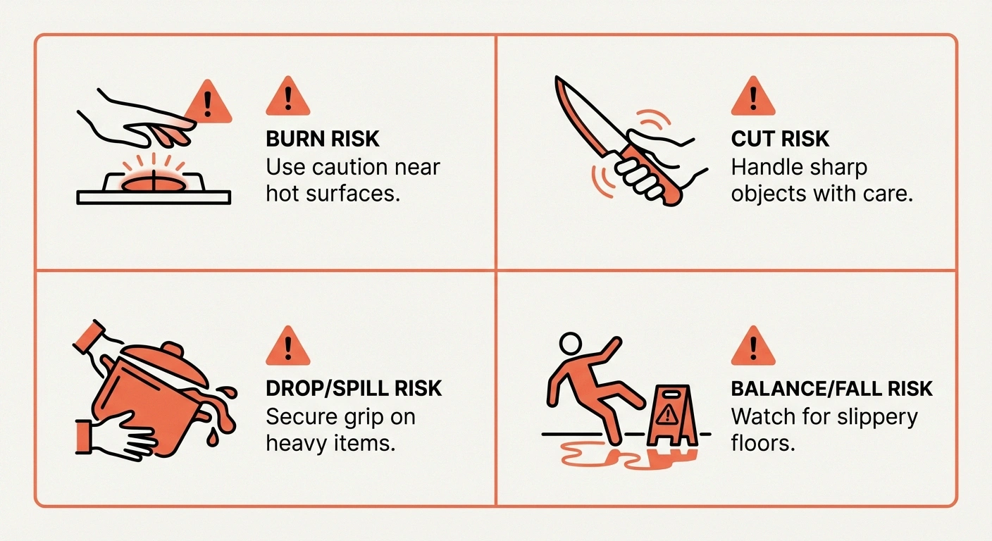 Four kitchen safety risks for people with neuropathy including burns cuts drops and falls