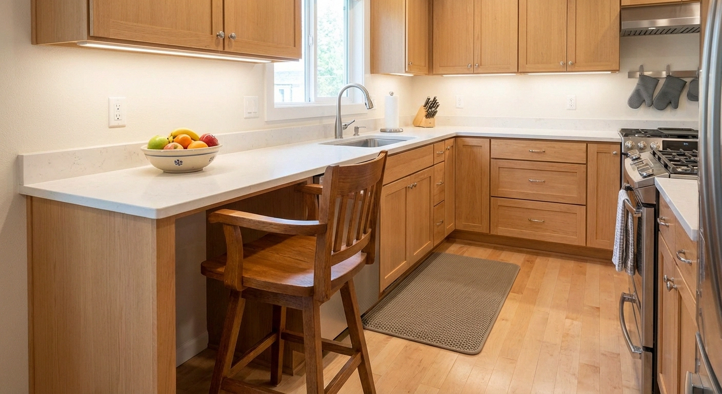 Kitchen organized for neuropathy safety with task lighting bar stool non-slip mat and accessible oven mitts