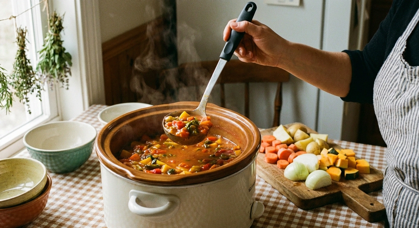 Person serving a one-pot meal from a slow cooker with pre-cut vegetables showing neuropathy-friendly cooking