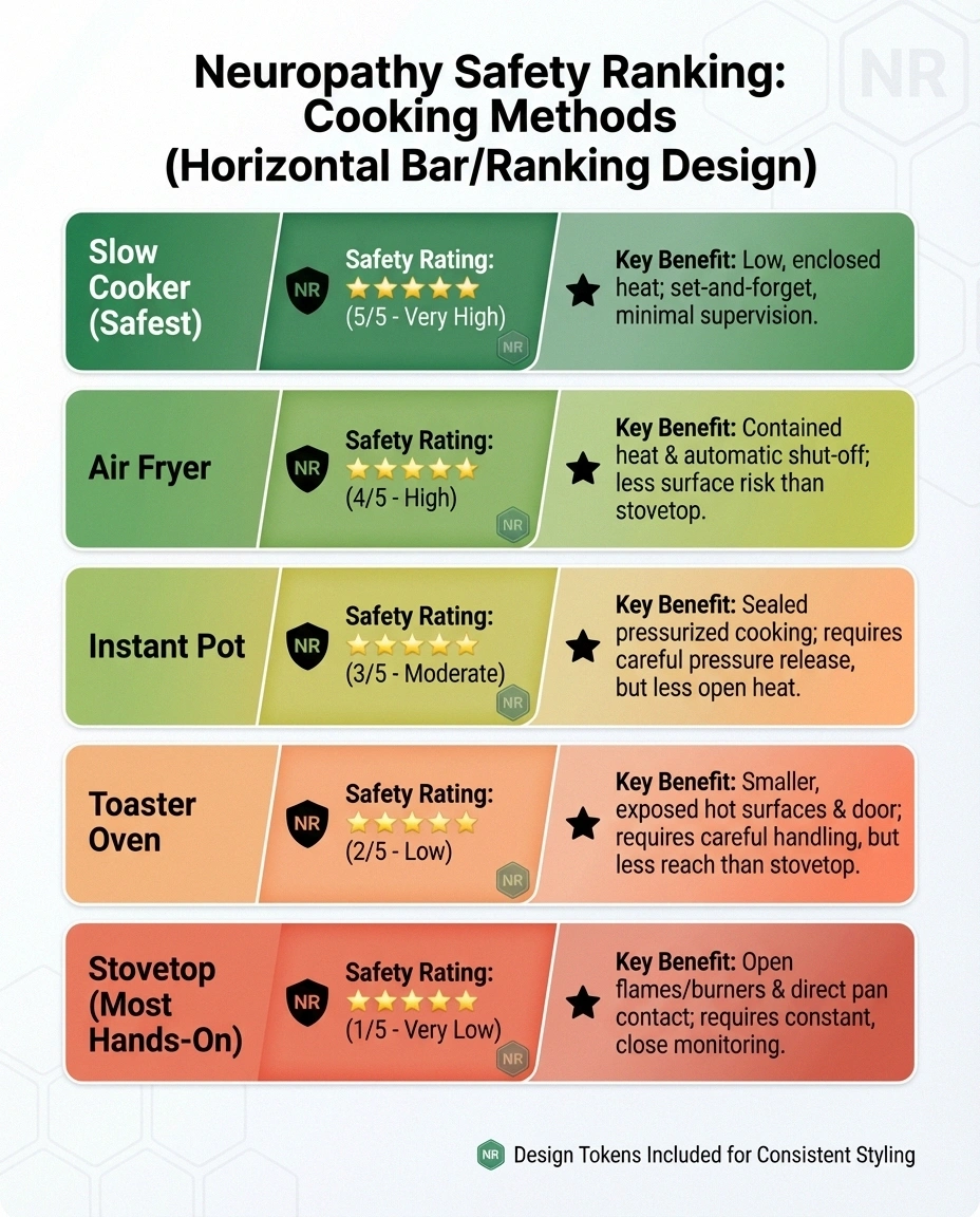 Safety ranking of kitchen appliances for people with neuropathy from safest slow cooker to most hands-on stovetop