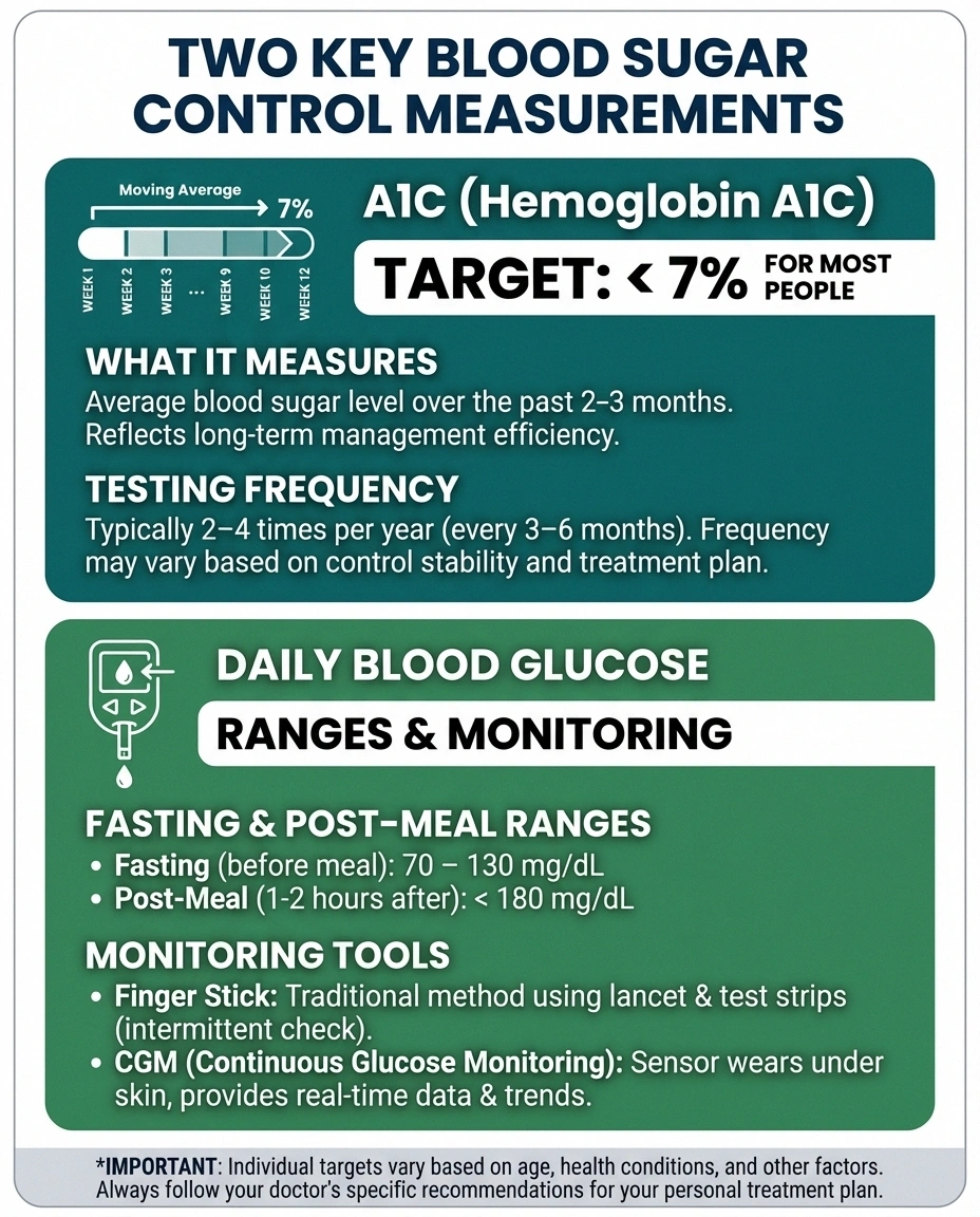Infographic showing A1C and daily blood glucose target numbers for diabetes management to prevent neuropathy