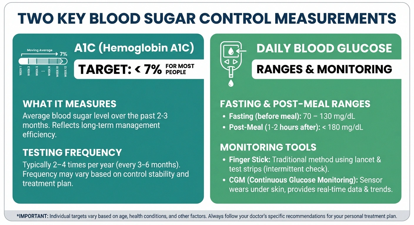 Infographic showing A1C and daily blood glucose target numbers for diabetes management to prevent neuropathy