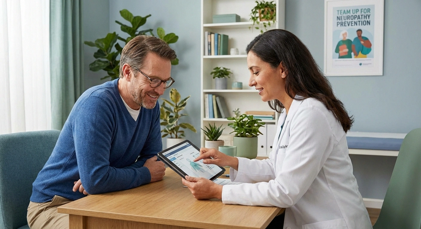 Patient and doctor discussing diabetes neuropathy prevention plan in medical office