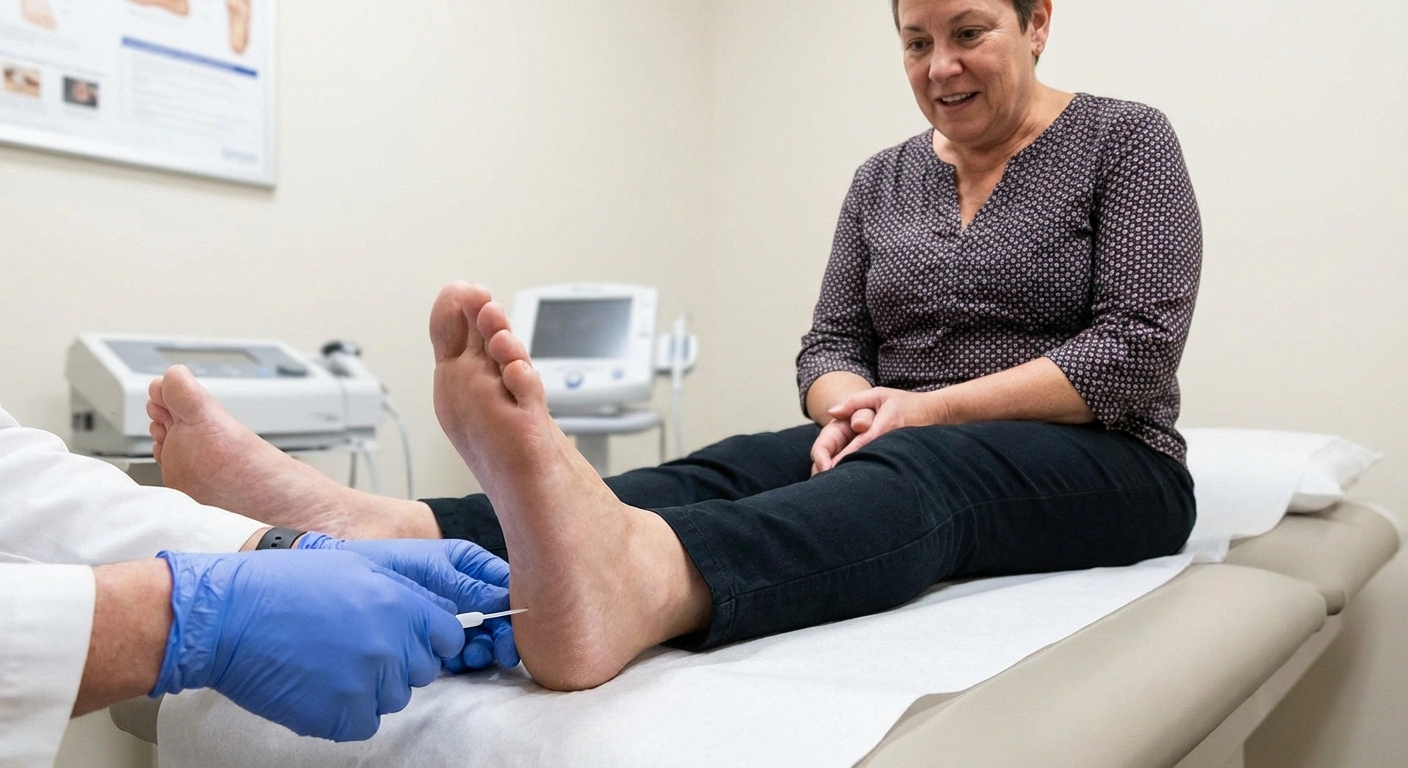 Healthcare provider performing monofilament foot sensation test on diabetes patient for early neuropathy detection screening