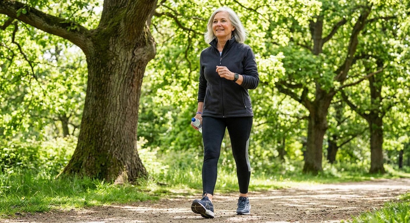 Active older adult walking in park for exercise as part of diabetes neuropathy prevention routine