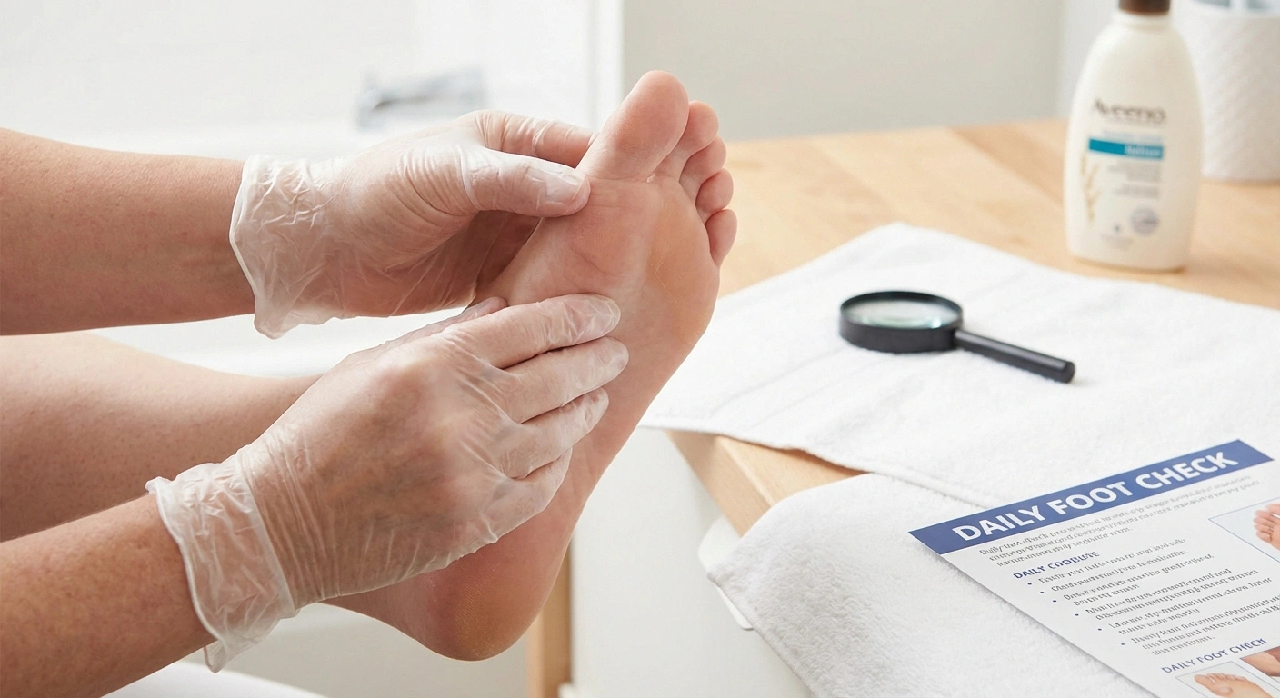 Close-up of daily foot inspection for diabetes patients checking for cuts blisters and skin changes