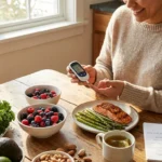 Person monitoring blood sugar with healthy nerve-supporting foods on kitchen table for diabetes neuropathy prevention
