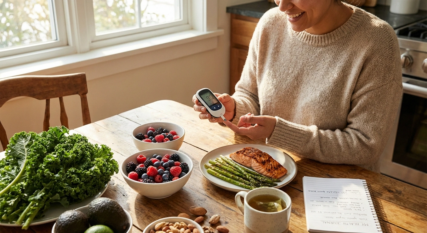 Person monitoring blood sugar with healthy nerve-supporting foods on kitchen table for diabetes neuropathy prevention