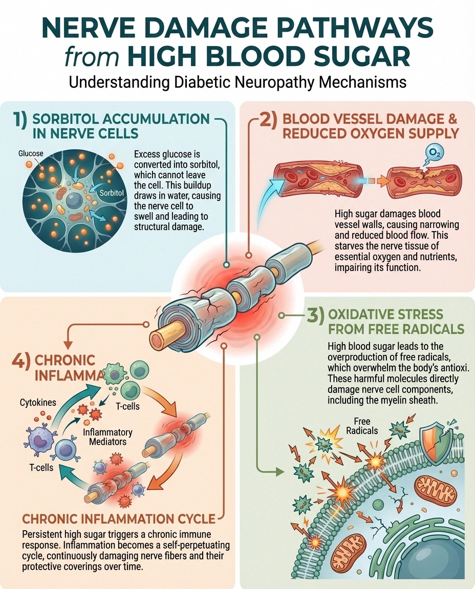 Infographic showing four mechanisms by which high blood sugar causes nerve damage in diabetic neuropathy